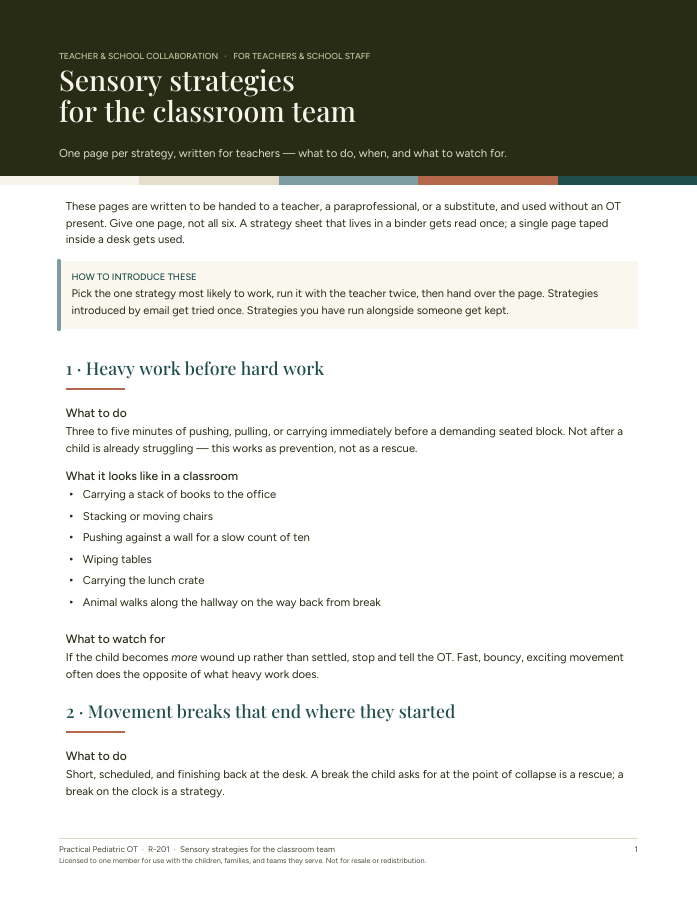 Classroom sensory strategies, page one